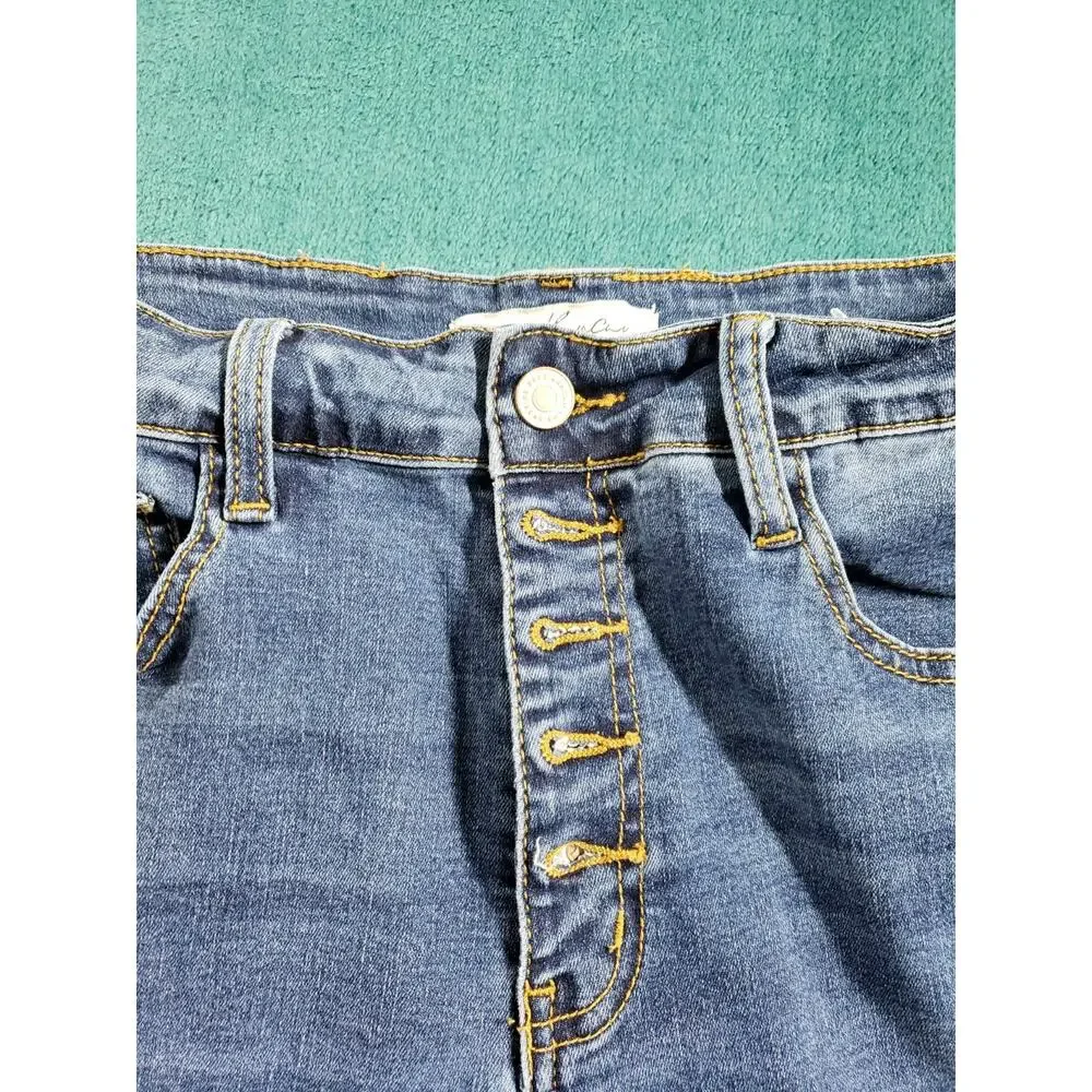 Kancan Jeans Size 11 Womens Blue Stretch Pants Denim Mid Rise Fray Hem Ankle